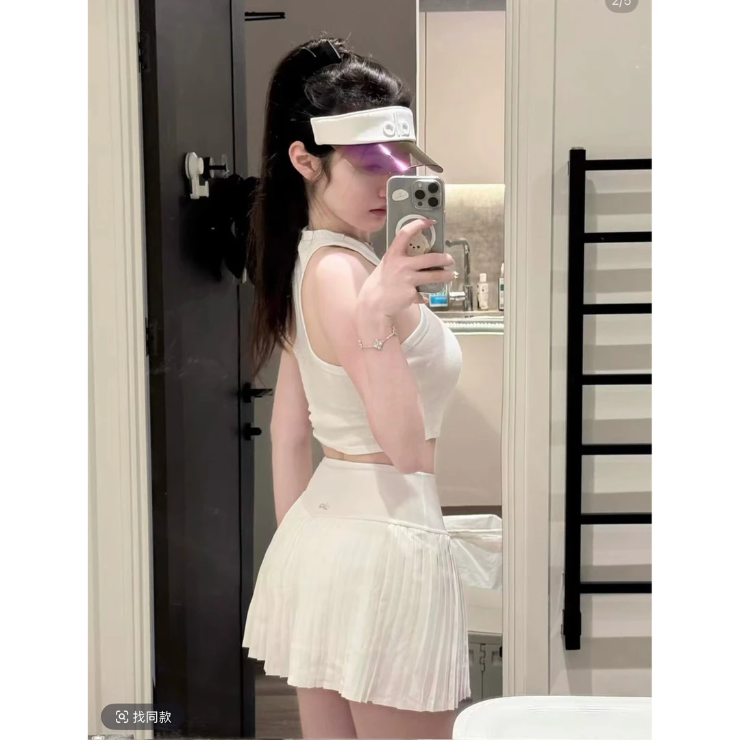 【小水月专属】新款白色翻领运动百褶裙高腰训练裙瑜伽女