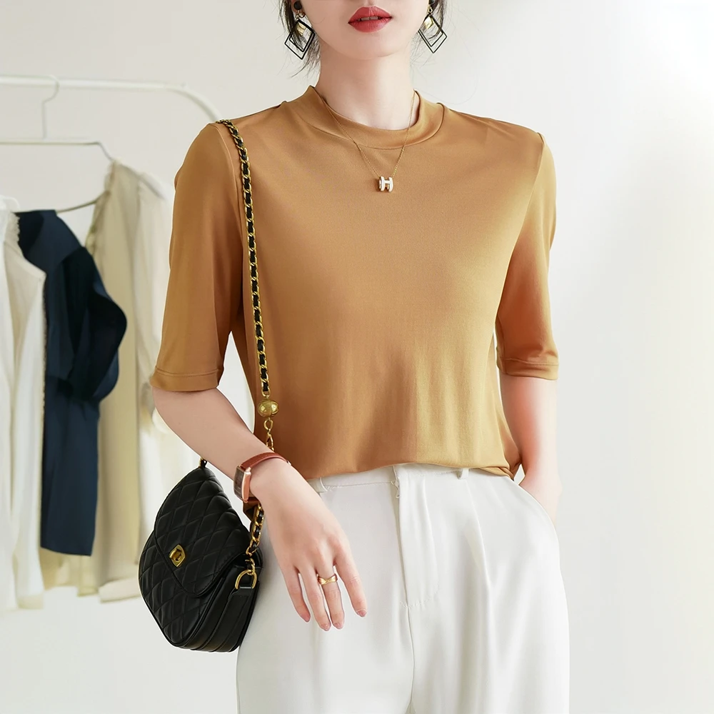 2024夏季女士桑蚕丝t恤高级感针织半袖小衫真丝短袖上衣打底衫