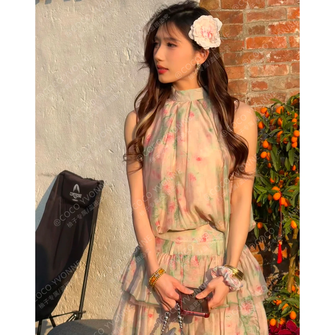 COCO YVONNE碎花辣妹夏季挂脖印花甜美气质连衣裙ins两件套纯欲