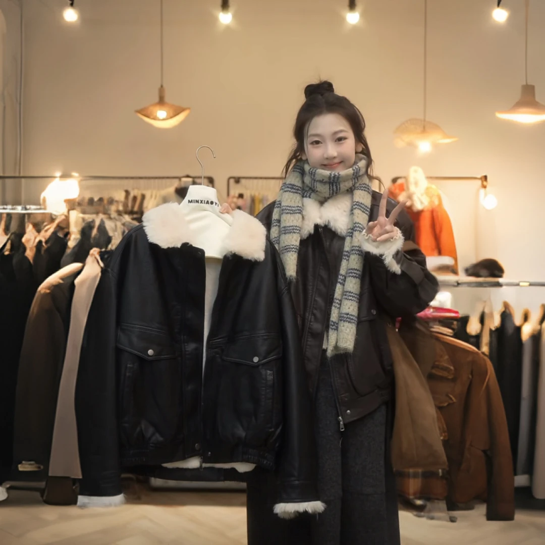 【闵笑一】咖啡漫香韩系毛领PU皮衣女短款加绒保暖大口袋夹克外套