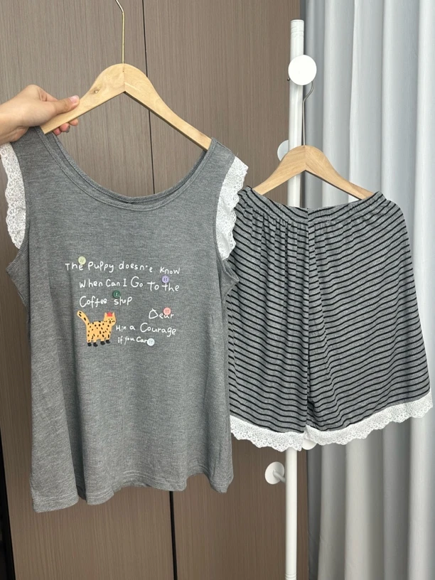 纽扣小猫背心睡衣女夏季莫代尔家居服带胸垫凉爽可外穿套装216