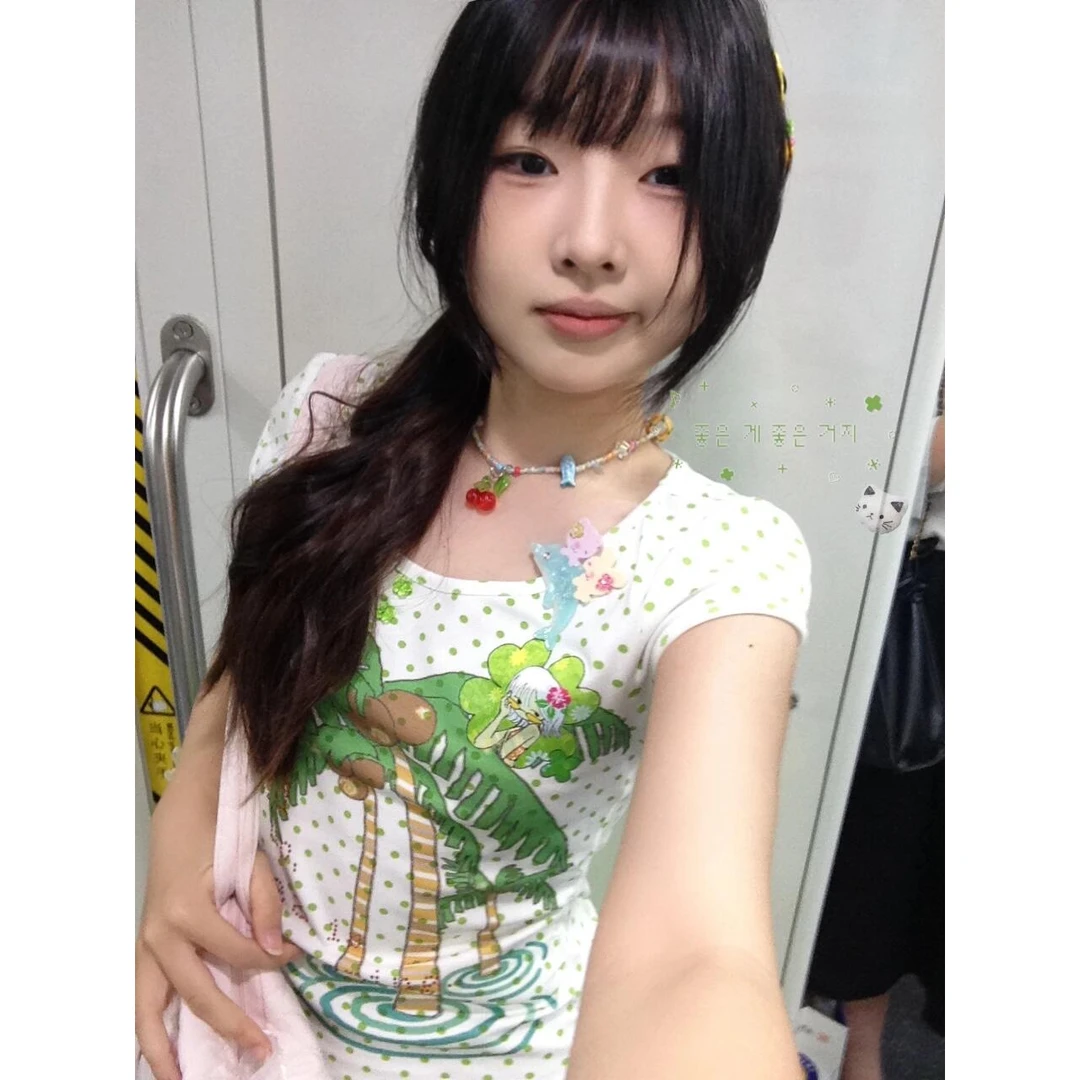 夏季章鱼草椰林绿色波点正肩短袖T恤女设计感小众修身显瘦上衣潮