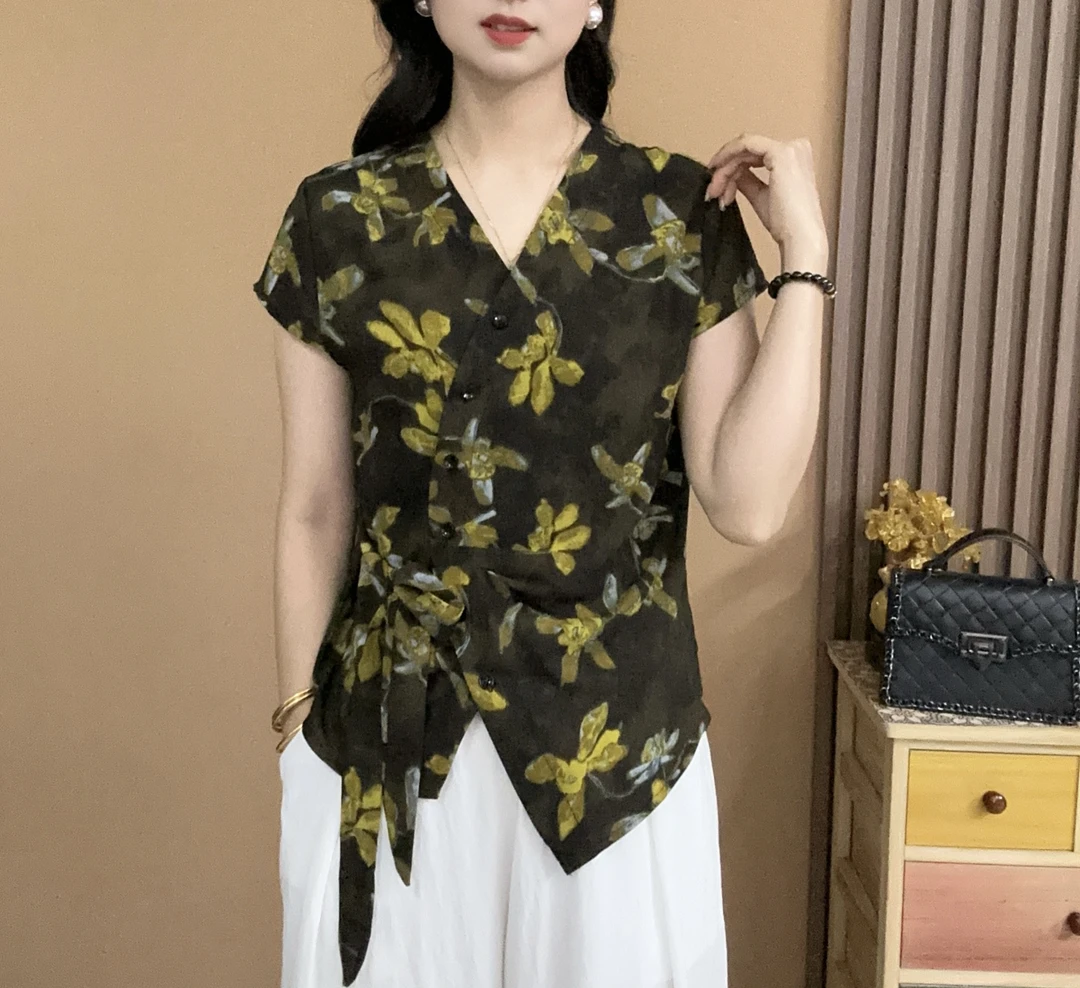 2025夏季新款黄花休闲洋气短袖气质百搭V领显瘦开衫上衣小衫705