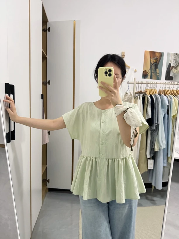 薄款拼接夏季荷叶边飞飞袖衬衫夏装娃娃衫纯色宽松