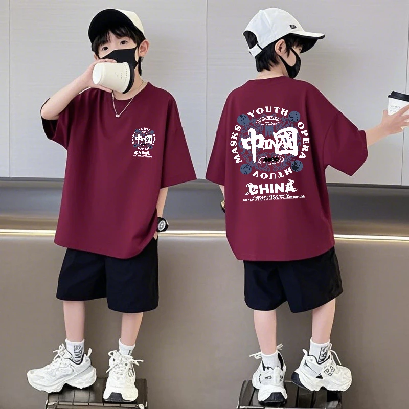 纯棉短袖短裤男童夏装套装宽松圆领夏季新款中大童国潮休闲两件套