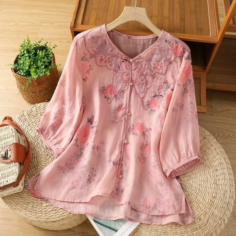 中国风中老年女装宽松植物花卉衬衫刺绣短款文艺薄款复古显瘦上衣