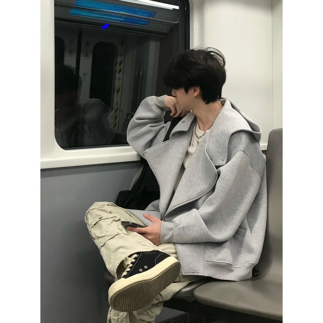 美式复古纯色连帽拉链开衫卫衣男女秋冬季小众设计高级感纽扣外套