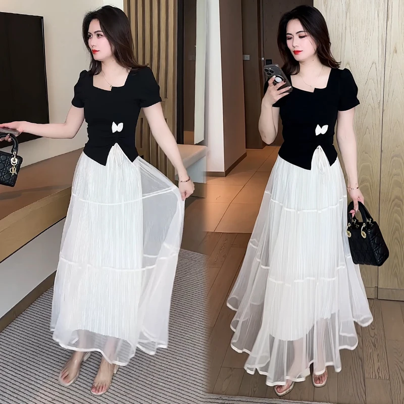 时尚套装裙女2025夏季新款时髦洋气短袖T恤半身网纱裙气质两件套