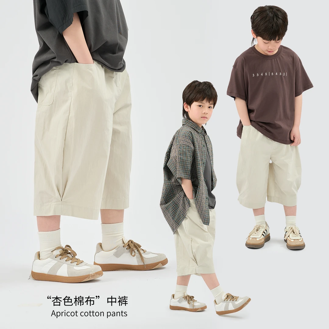 MT原创童装日系男童杏色棉布中裤夏季新款短裤七分裤宽松休闲百搭