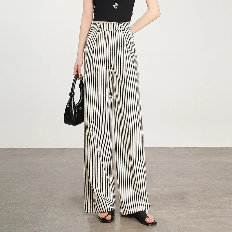 秋冬条纹拖地休闲裤女2025夏季薄款高腰显瘦垂感直筒阔腿裤西装裤