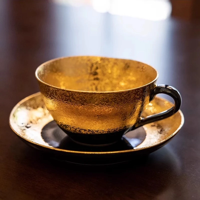日本进口有田烧金彩釉黑釉咖啡杯带托盘茶杯水杯陶瓷杯子下午茶