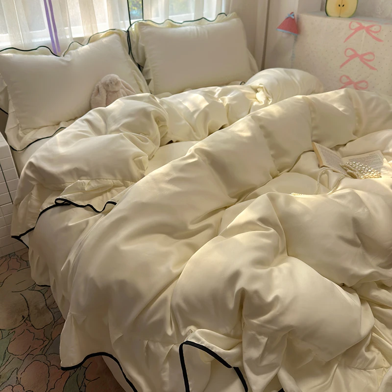 冰丝四件套花边被套床上用品夏天裸睡丝滑被罩床单宿舍三件套床笠