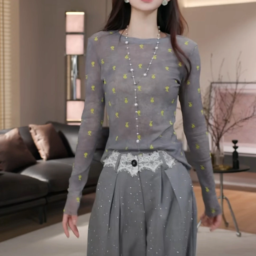 长袖T恤女夏季薄款时尚百搭休闲洋气长袖防晒上衣气质显瘦圆领