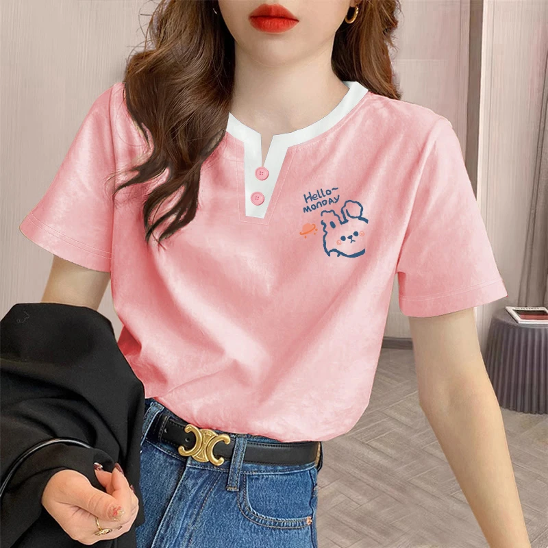 2025年夏季新款印花圆领休闲潮流T恤ins百搭设计感纯色T恤半袖