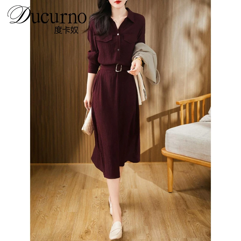 度卡奴客供褶皱肌理料氛围感法式连衣裙温婉休闲长袖衬衫裙潮流时