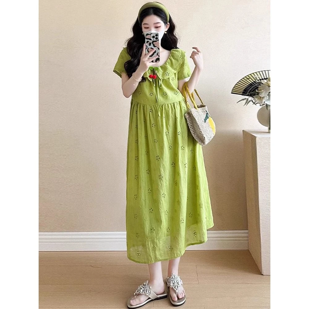 孕妇夏季连衣裙2025新款时尚洋气法式宽松娃娃领长裙夏款孕妇裙子