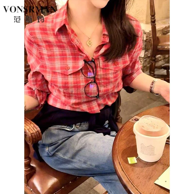范斯玛港风穿搭红色格子长袖衬衫女2025新款季感轻奢减龄洋气上衣