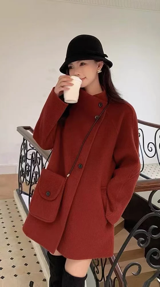 韩版保暖系带毛呢外套宽松呢大衣百搭厚款中长款气质呢子