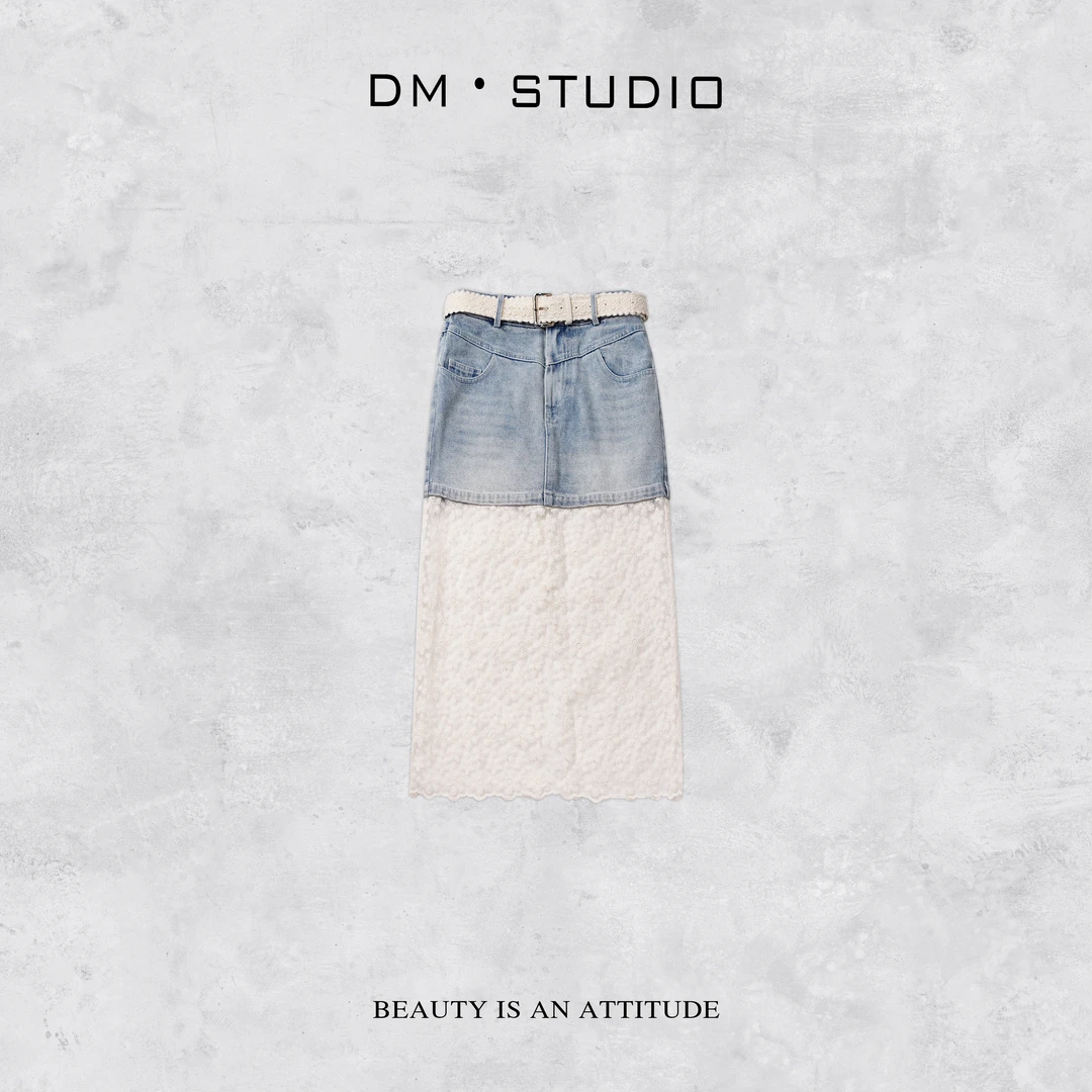 •STUDIO/配腰带气质小众设计款蕾丝牛仔半身裙2503BSQ/A13702
