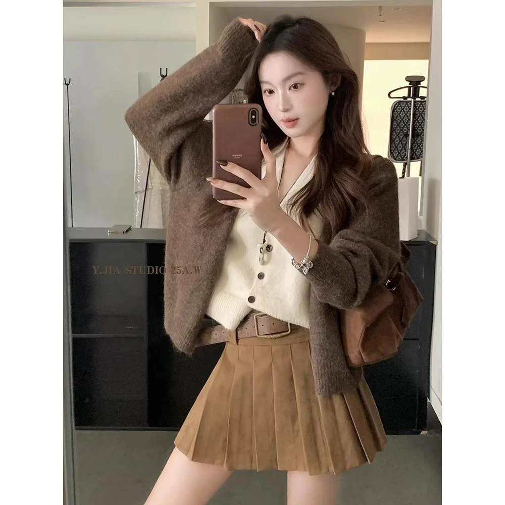 美拉德咖色设计感假两件针织开衫女秋冬慵懒风高级感毛衣外套上衣