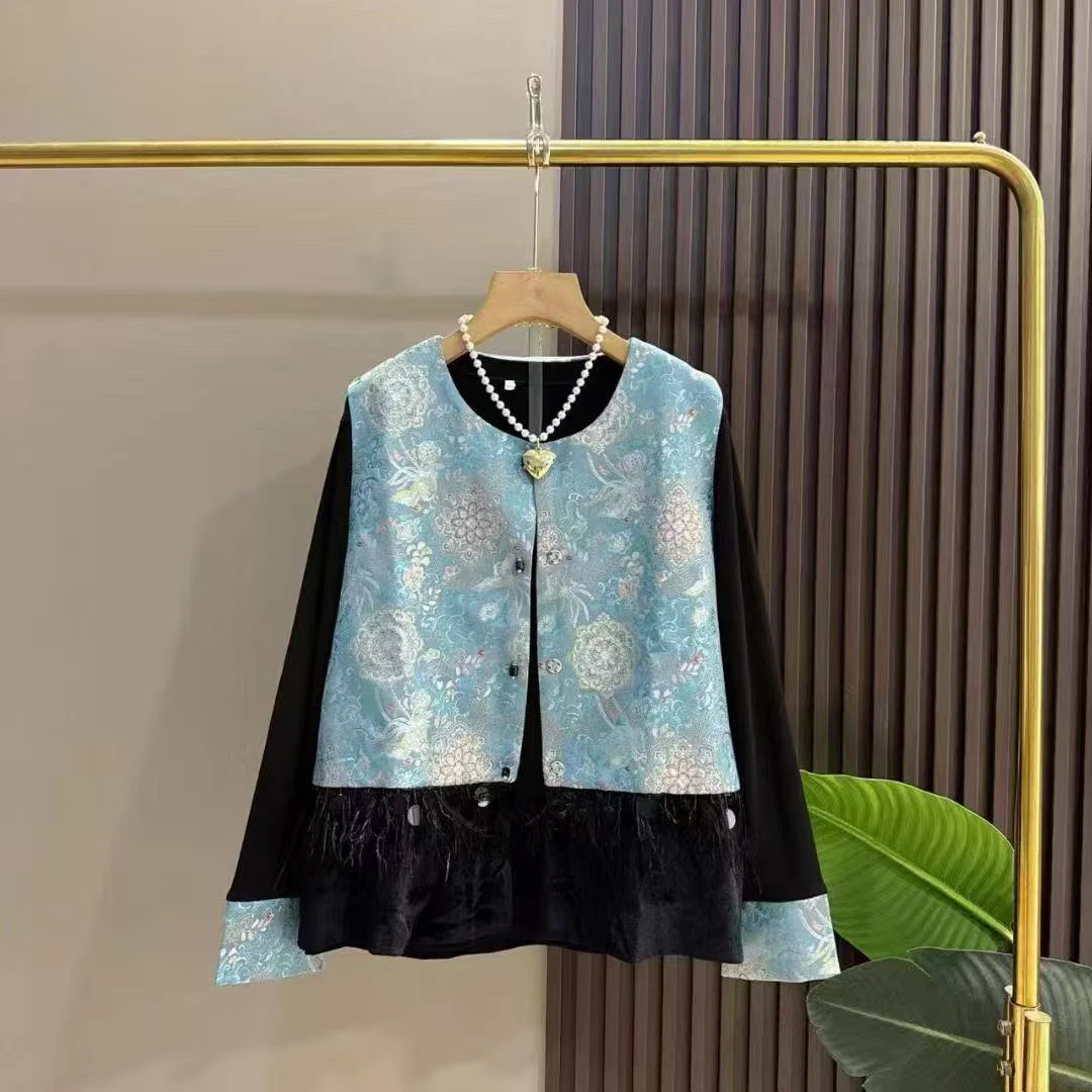 【晴儿家】秋季新中式国潮风重工马甲+提花设计丝绒打底套装8078