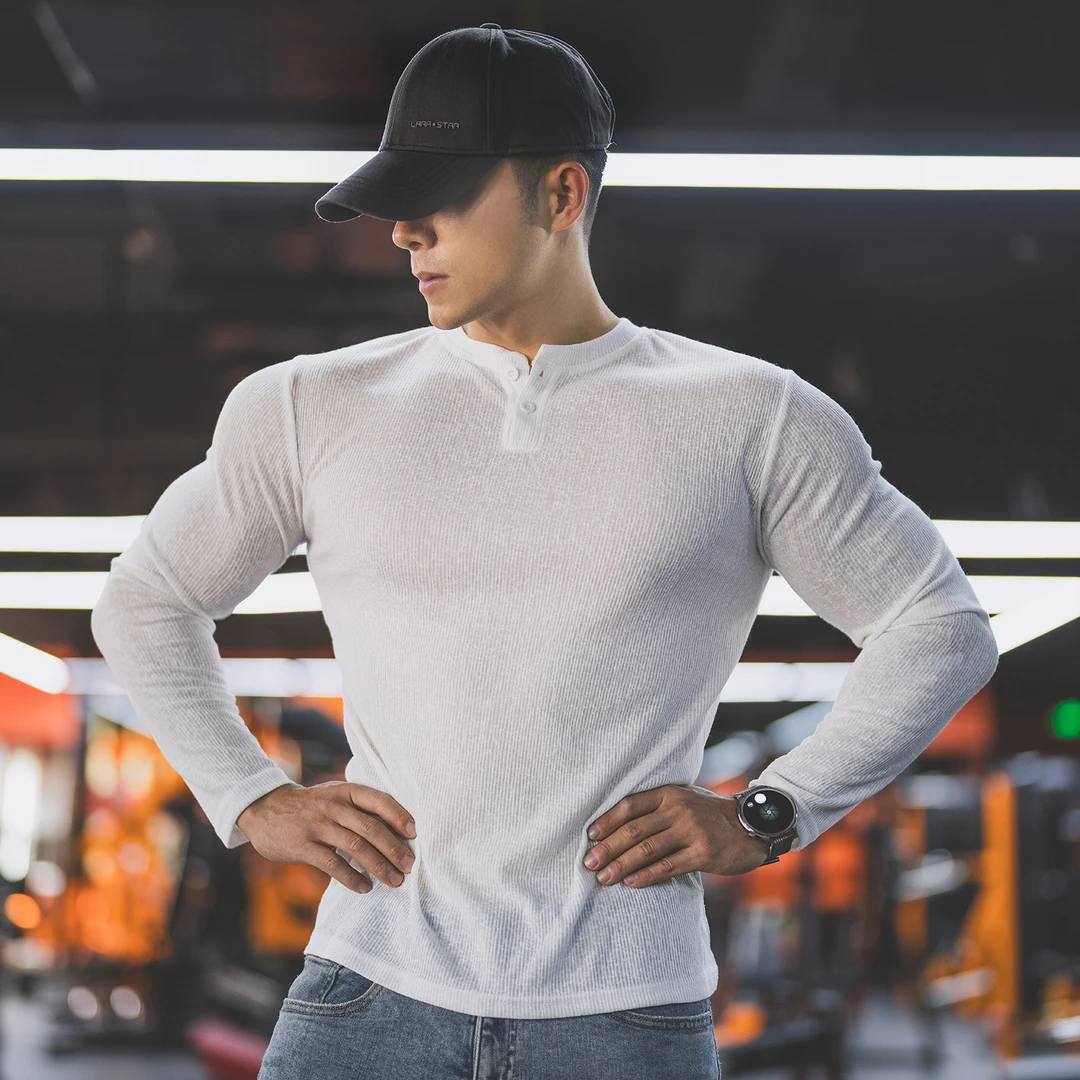 老钱风条纹肌理亨利领/圆领透气长袖男士秋季健身休闲打底衫上衣