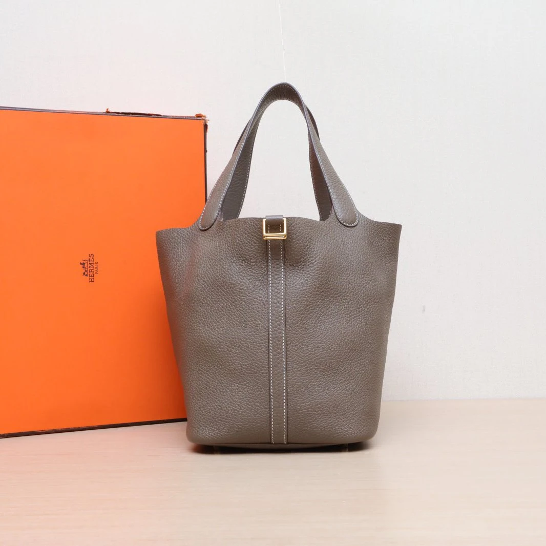 99新 Hermes/爱马仕 【黑黑】菜篮子 22 18大象灰 TC皮 Y刻 金扣