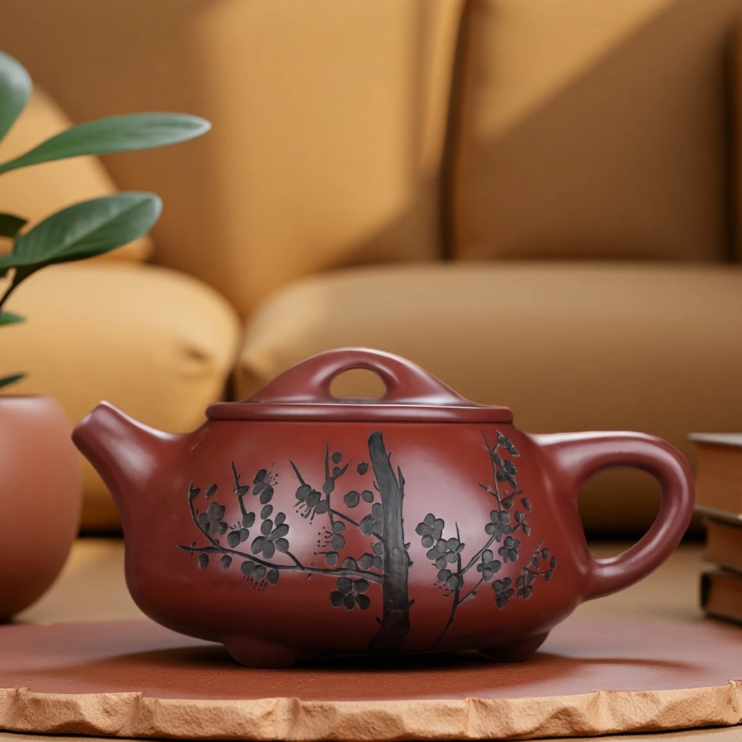 宜兴原矿紫砂泡茶壶全手工工夫龙血砂梅花景舟石瓢280CC紫砂壶