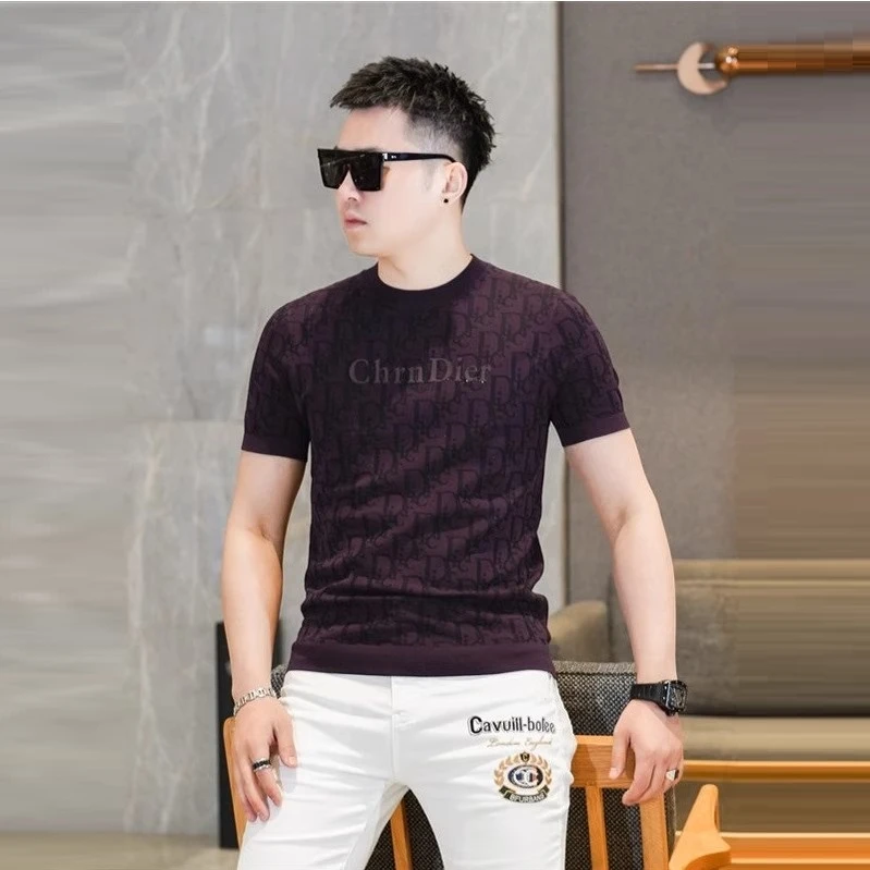 2025冬季新款欧货字母提花帅气圆领短袖T恤男针织衫针织短袖男