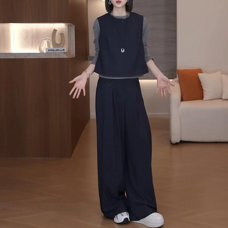 2025秋季新款无袖马甲打底衫阔腿裤三件套女士洋气高级感时尚套装