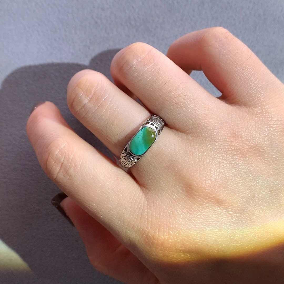 银S925镶嵌绿松石水波纹马鞍戒