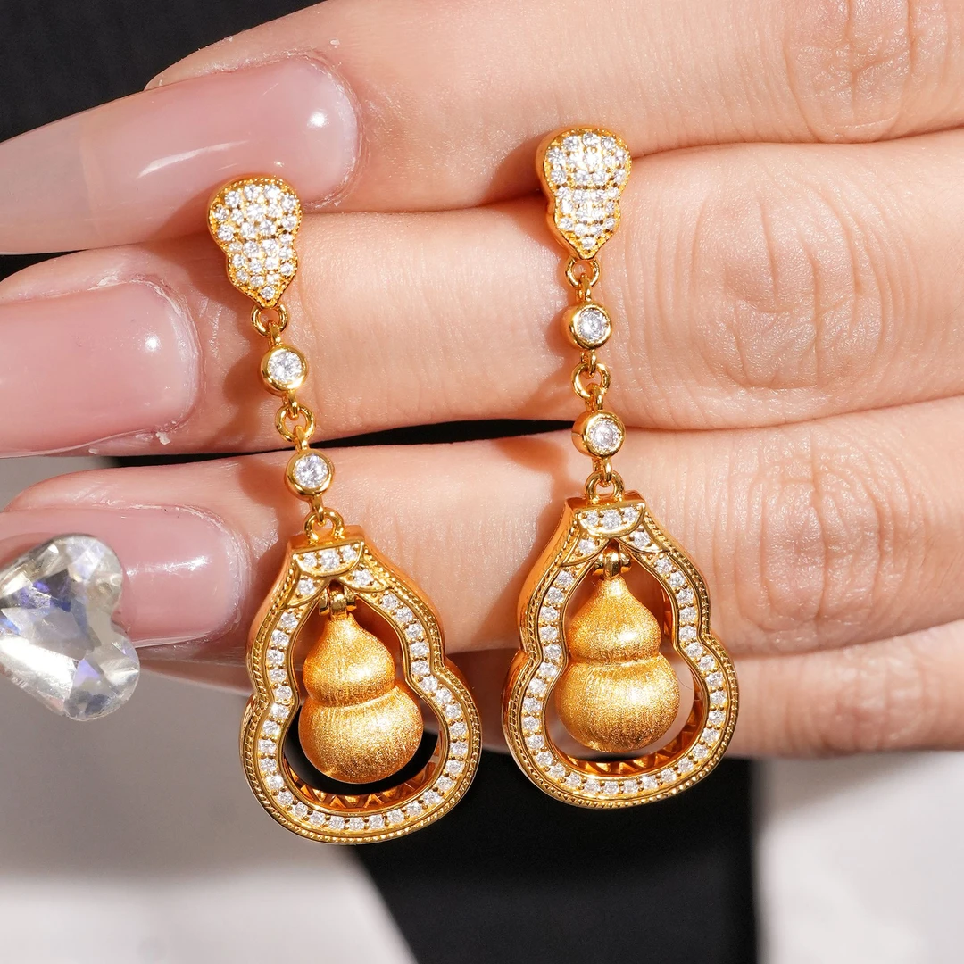 925银合成锆石耳饰 【福利】VISING珠宝刻丝金色葫芦耳坠耳环耳饰