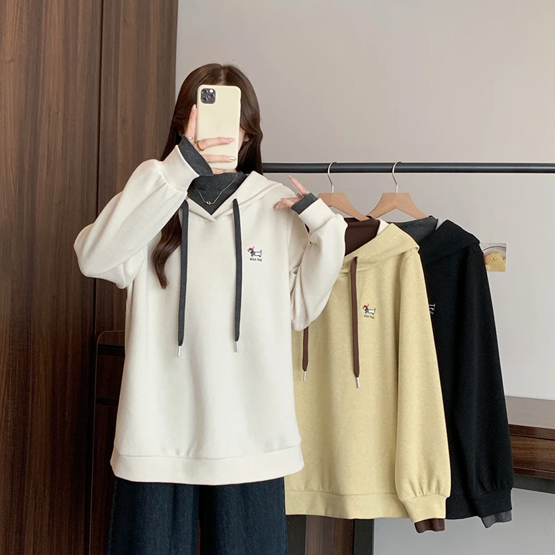 2025秋装新款胖mm大码女休闲刺绣腊肠小狗撞色套头卫衣A2533