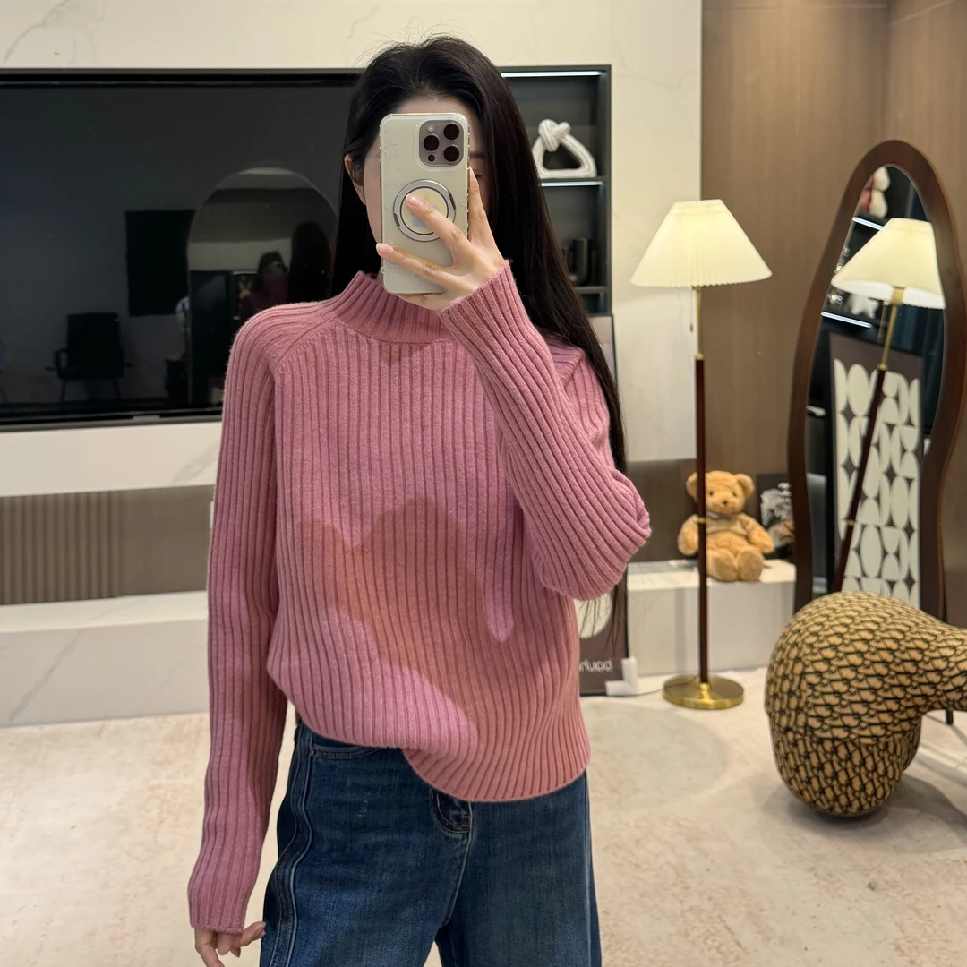 宿慕SUMU韩系坑条纹宽松毛衣10-22冬季新款套头半高领针织衫1066