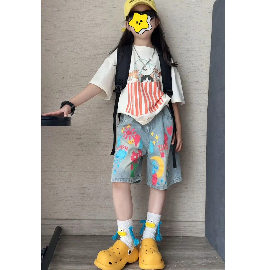 女童夏季时尚潮酷个性涂鸦牛仔中裤中大童卡通百搭短袖T恤潮