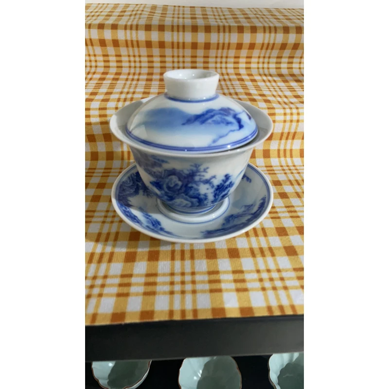 青花仿古三才盖碗高端轻奢满绘山水功夫泡茶碗0128