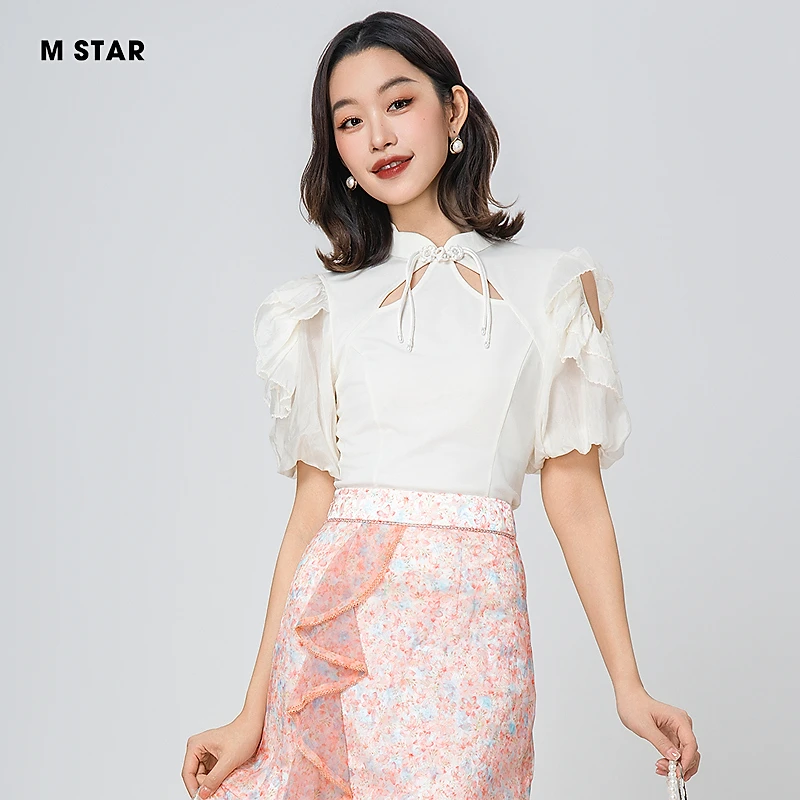 M-Star夏季新款新中式改良灯笼袖镂空T恤上衣休闲气质 SFBT123868