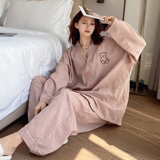 春秋睡衣女款大码200斤胖mm棉长袖V领秋季家居服两件套加肥加大