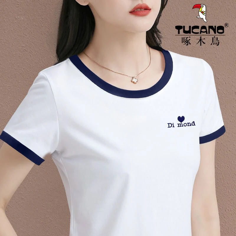 啄木鸟正品短袖t恤女装2025新款夏季修身圆领洋气百搭拼接体恤衫