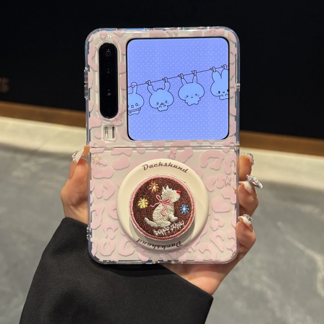 适用华为purax典藏折叠屏手机壳pocket2粉色豹纹刺绣猫咪磁吸支架