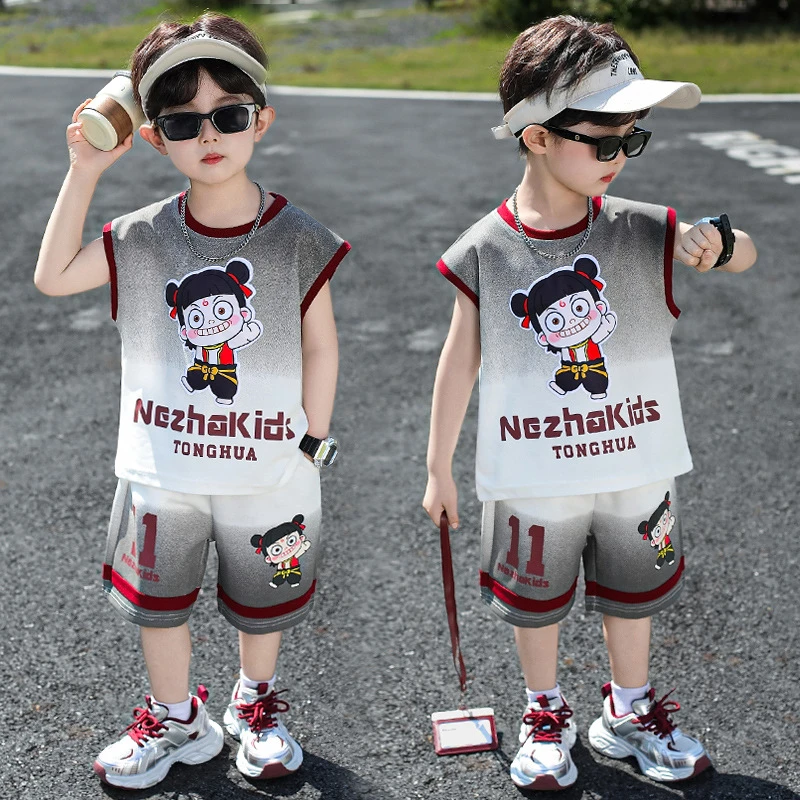 哪吒衣服2025男童夏套装洋气亮灯新款背心小男孩薄款儿童秋季套装