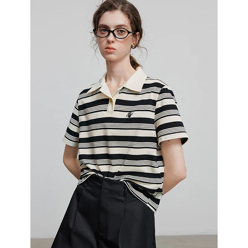 【初语服饰】初语美式短袖T恤珠地条纹polo衫8521036