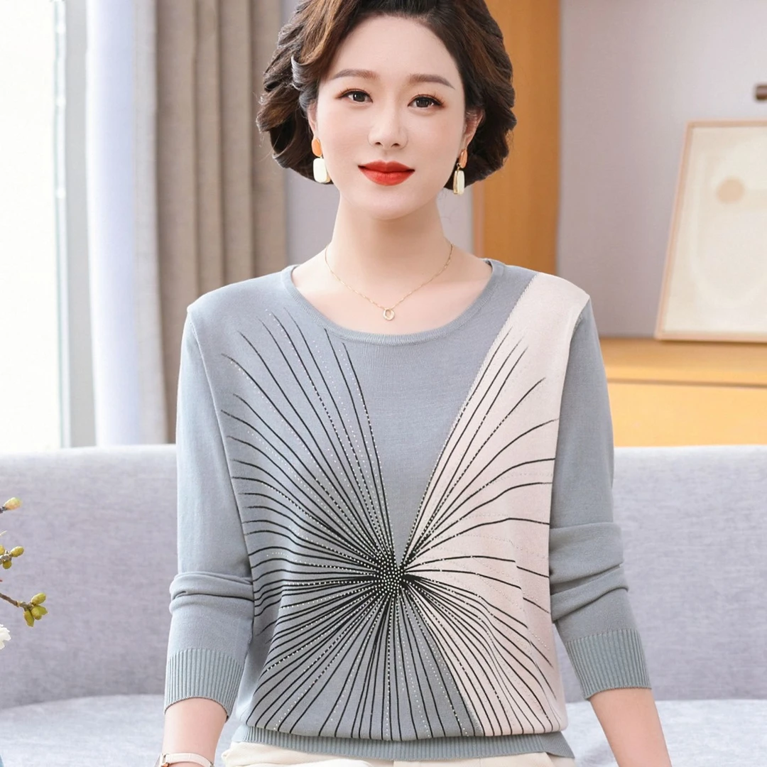 2025新款妈妈春秋装针织小衫洋气薄款毛衣中老年女长袖打底衫上衣