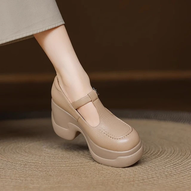 小个子超高跟玛丽珍鞋女厚底真皮一字扣单鞋2025新款春季松糕皮鞋