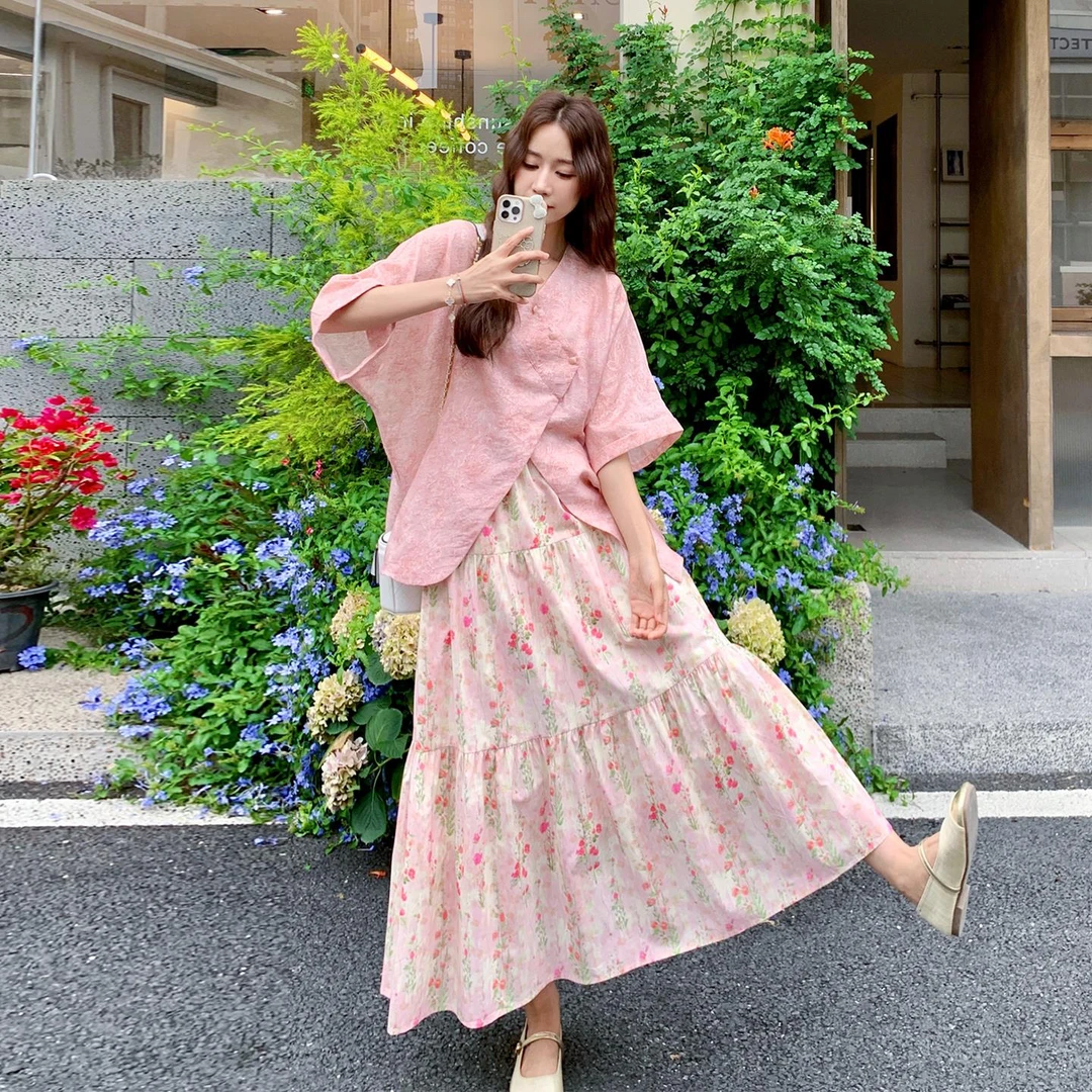 粉色碎花独特绝美套装裙女2025夏季爆款慵懒松弛感宽松长裙两件套