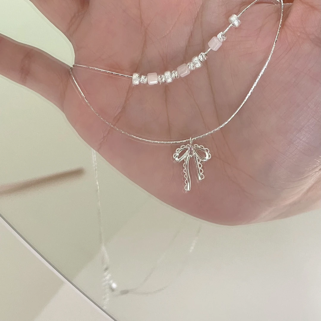 铜合金项链 X0032日常百搭蝴蝶结女双层少女风简约锁骨链首饰坠链