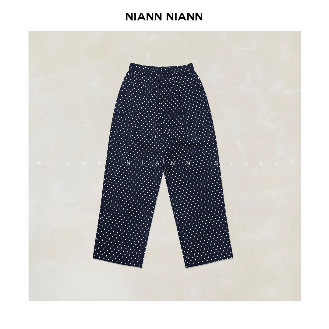 NiannNiann 女装松紧腰舒适订制面料宽松松弛轻薄复古波点裤15419
