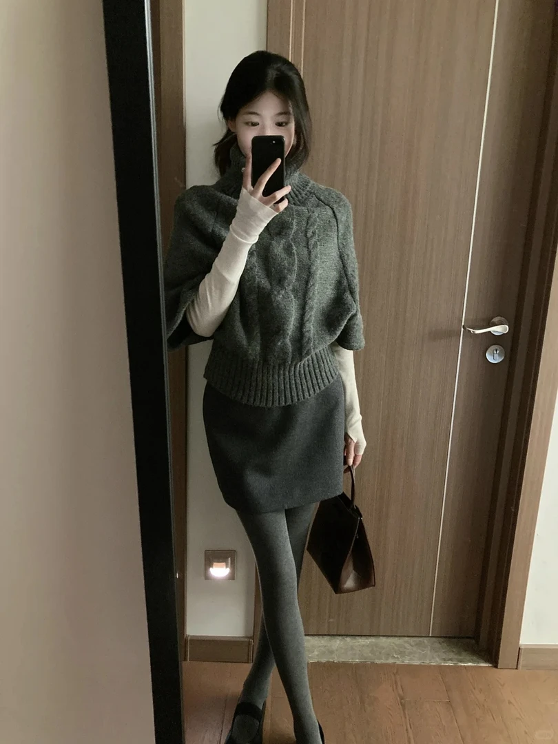 2025秋季新款韩系穿搭轻熟风立领针织毛衣打底衫半身裙气质三件套