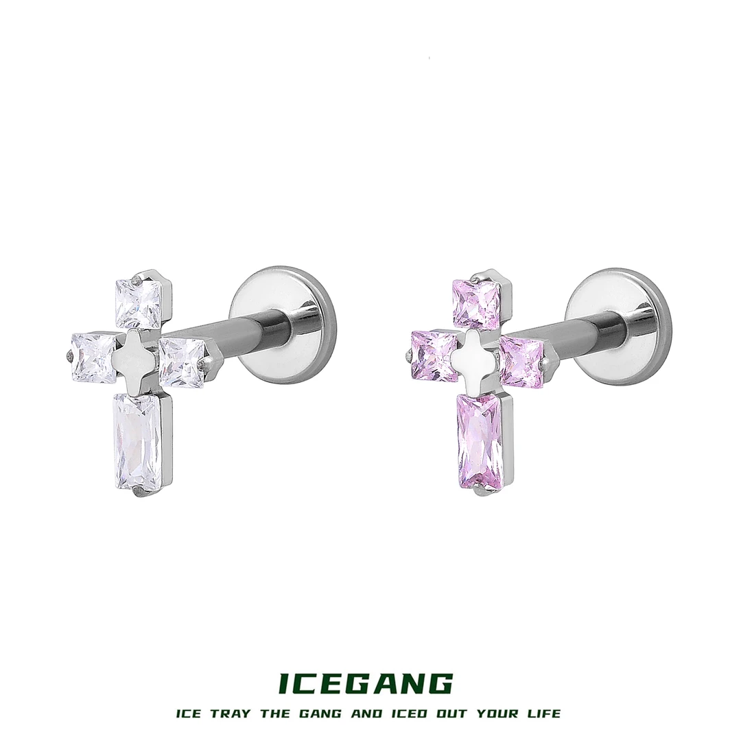 ICEGANG 钛合金合成锆石耳饰  F136钛合金冰糖十字架耳钉穿刺内螺