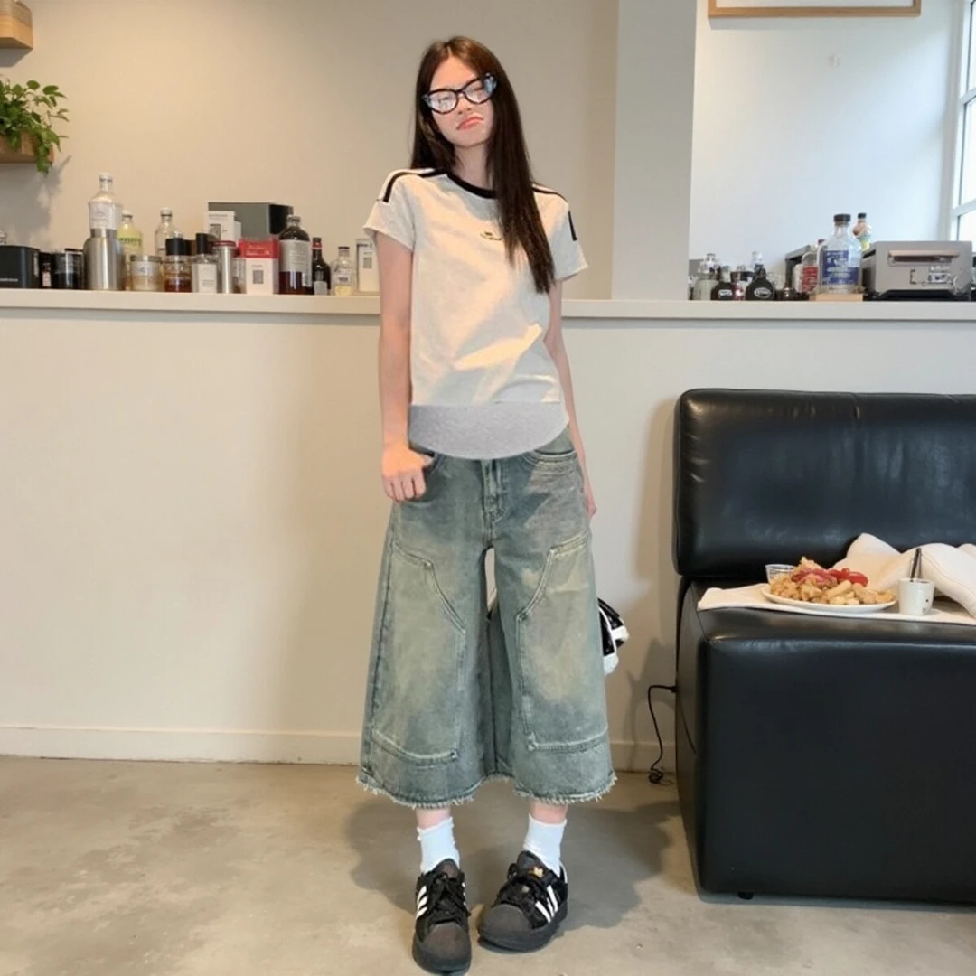 孕妇八分牛仔裤夏季2025新款时尚显瘦七分裤宽松直筒阔腿裤子外穿